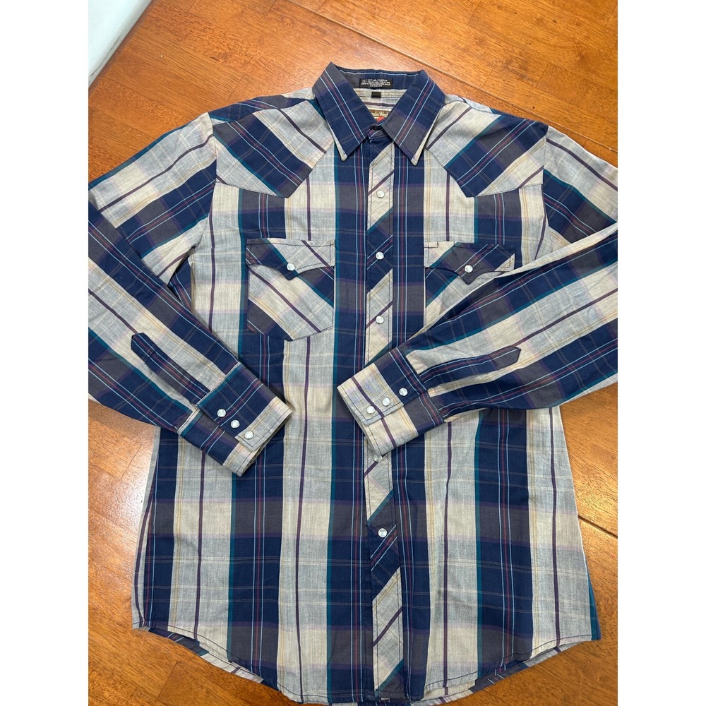 Youngbloods Western Shirt Mens Medium Blue Plaid Pearl Snap Long Sleeve Yoke